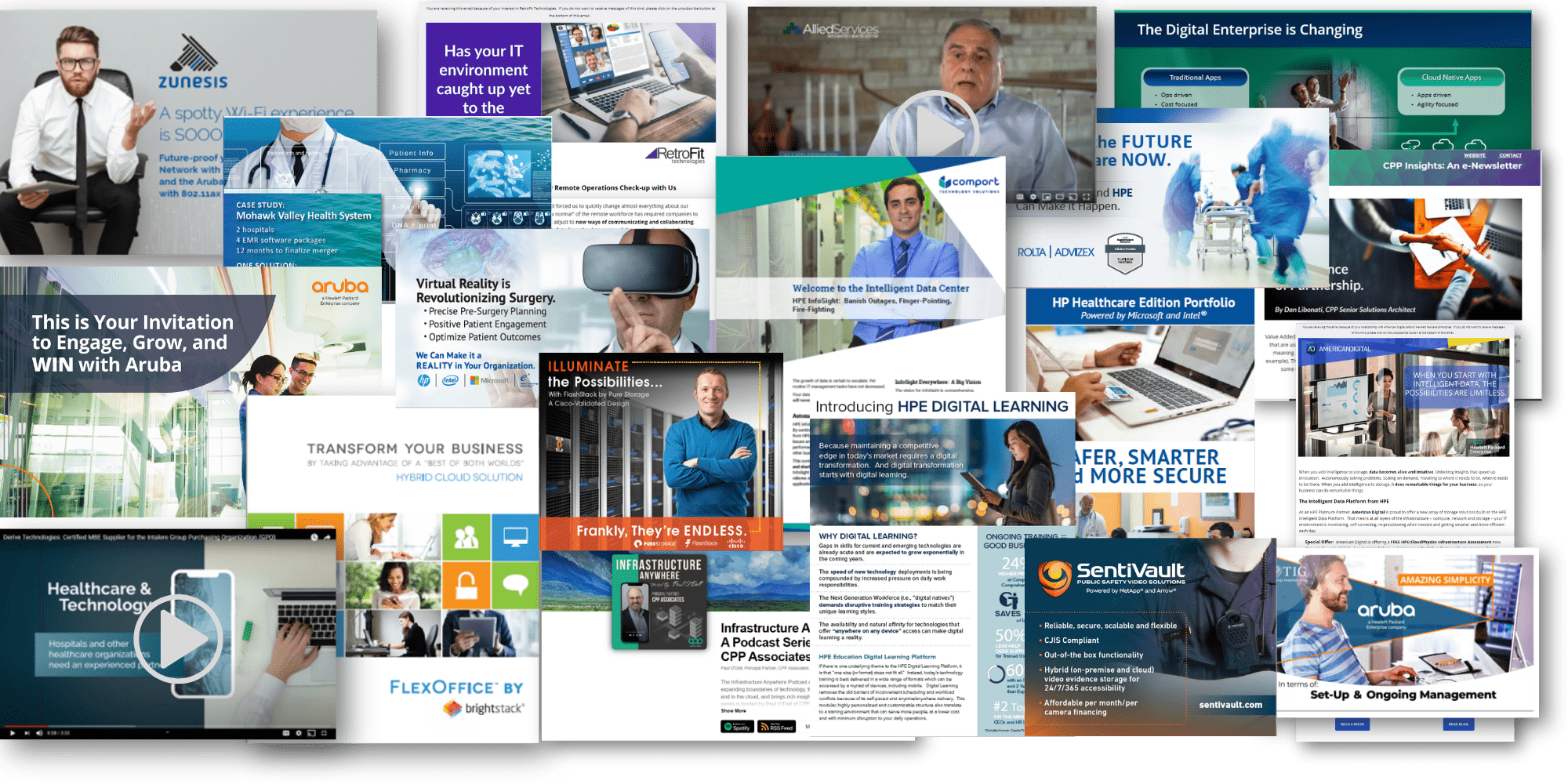 TSRM Group - Montage of work samples: solution briefs, videos, emails, case studies, podcast series, newsletters, and promo materials